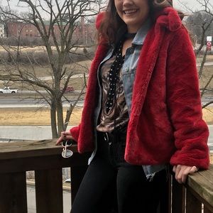 MissGuided Red Faux fur jacket